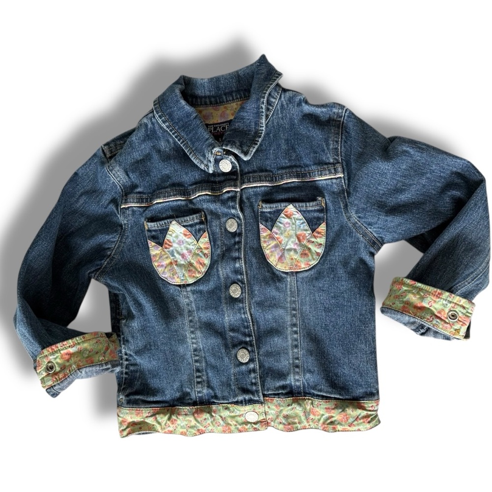 Vtg 90s y2k children’s place blue  Denim Jean Jacket with Floral tulip Accents 5